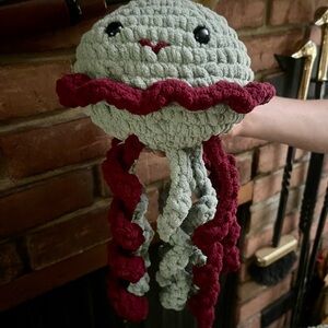 Handmade Crochet Jellyfish Plush in Sea Foam Green and Cranberry